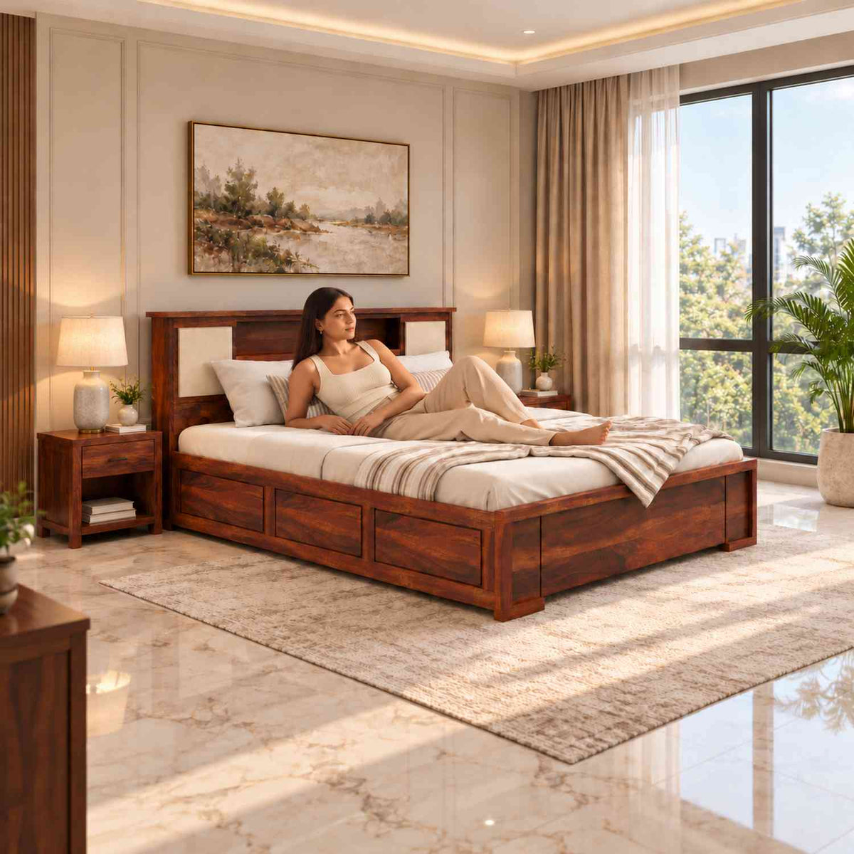 Feelinn Solid Sheesham Wood Bed With Box Storage (Queen Size, Natural Finish)