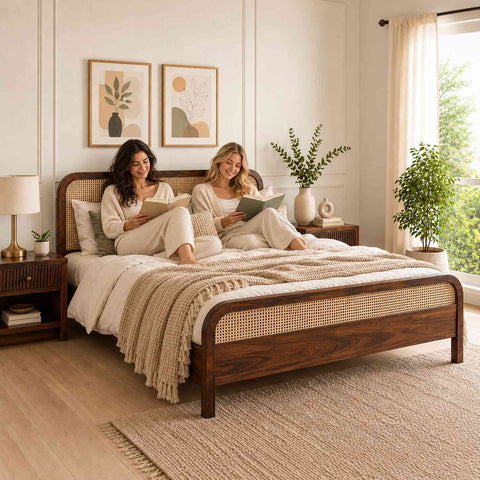 Canejoy Solid Sheesham Wood Bed Without Storage (Queen Size, Walnut Finish)