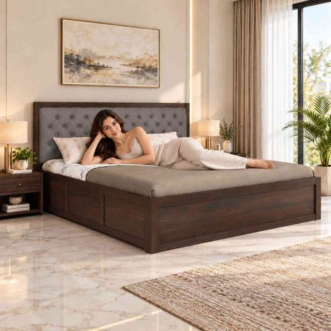 Elementra Solid Sheesham Wood Bed With Box Storage (King Size, Walnut Finish)