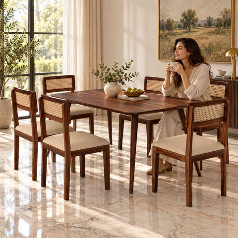 Canejoy Solid Sheesham Wood 6 Seater Dining Table With 6 Chairs (With Cushion, Natural Finish)
