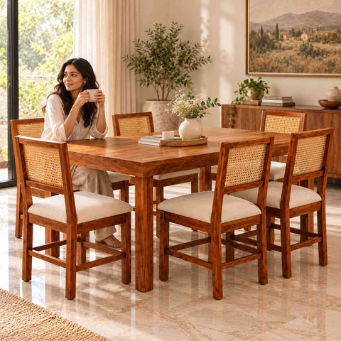 Canejoy Solid Sheesham Wood 6 Seater Dining Table With 6 Chairs (Natural Finish, With Cushion)