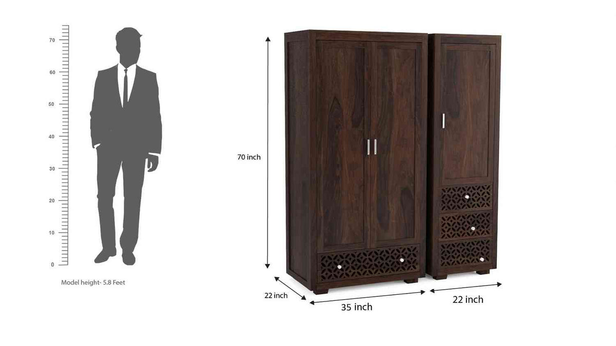 Monstro Solid Sheesham Wood Double Door Wardrobe Set (Walnut Finish)