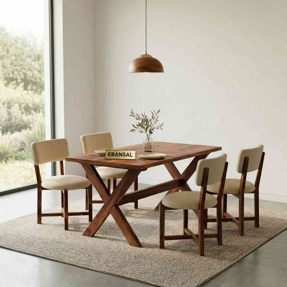 Prio Solid Sheesham Wood 4 Seater Dining Set (With Cushion, Natural Finish)