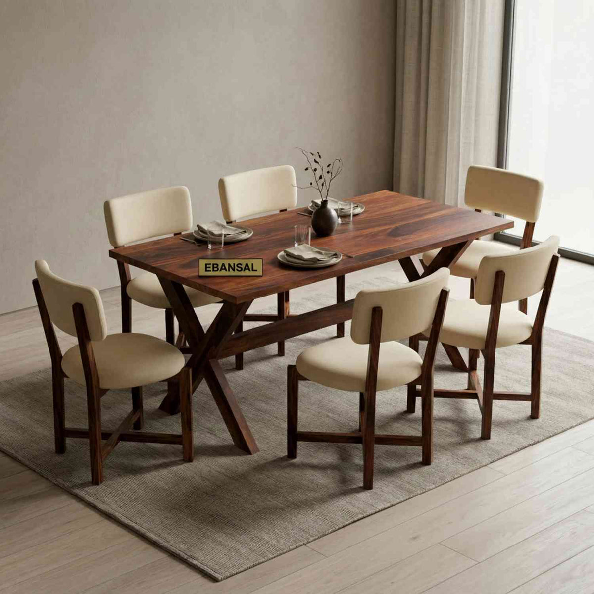 Prio Solid Sheesham Wood 6 Seater Dining Set (With Cushion, Natural Finish)