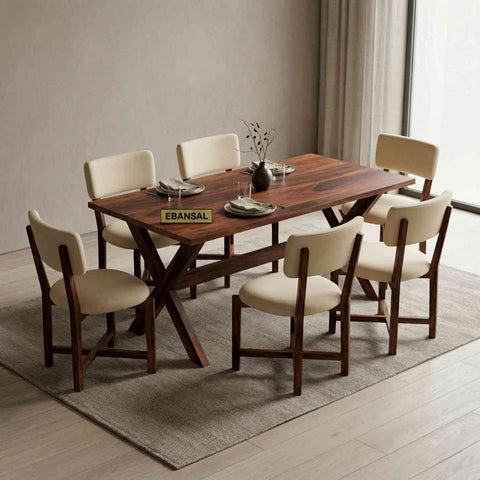 Prio Solid Sheesham Wood 6 Seater Dining Set (With Cushion, Natural Finish)