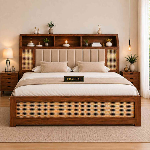 Canejoy Solid Sheesham Wood Bed With Box Storage (Queen Size, Natural Finish)