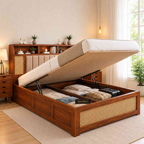 Canejoy Solid Sheesham Wood Hydraulic Bed With Box Storage (King Size, Natural Finish)