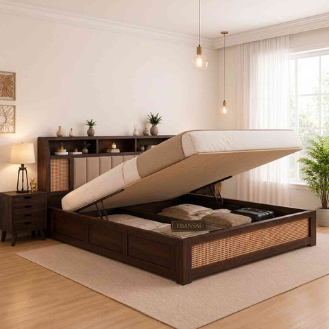 Canejoy Solid Sheesham Wood Hydraulic Bed With Box Storage (King Size, Walnut Finish)