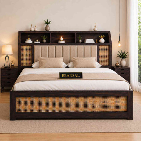 Canejoy Solid Sheesham Wood Bed With Box Storage (Queen Size, Walnut Finish)