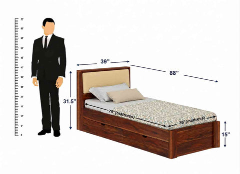 Rubikk Solid Sheesham Wood Single Bed With Two Drawers (Natural Finish)