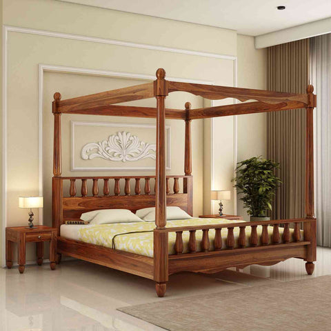 Revista Solid Sheesham Wood Poster Bed Without Storage (Queen Size, Natural Finish)