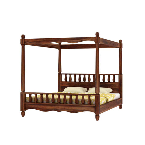 Revista Solid Sheesham Wood Poster Bed Without Storage (Queen Size, Natural Finish)