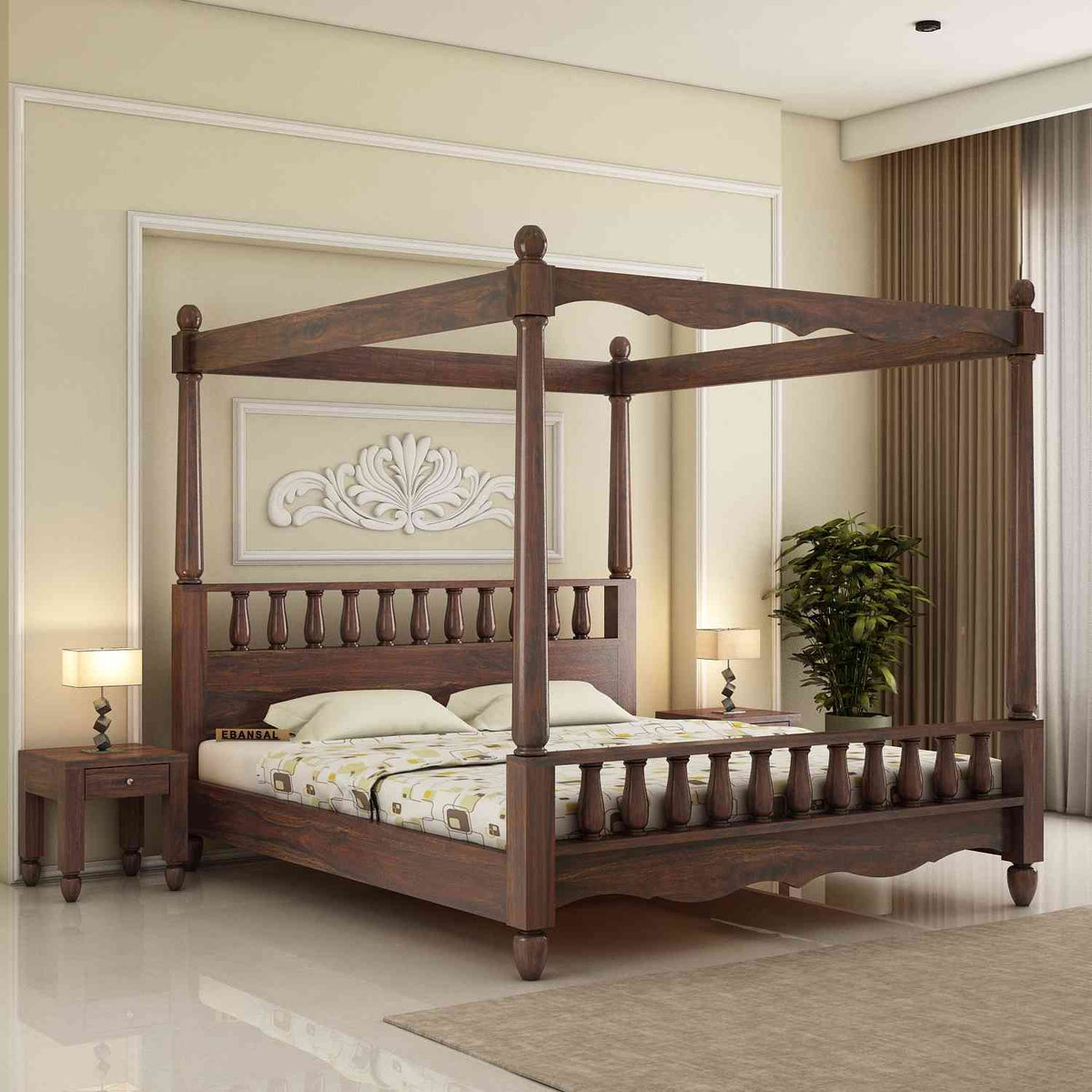 Revista Solid Sheesham Wood Poster Bed Without Storage (Queen Size, Walnut Finish)