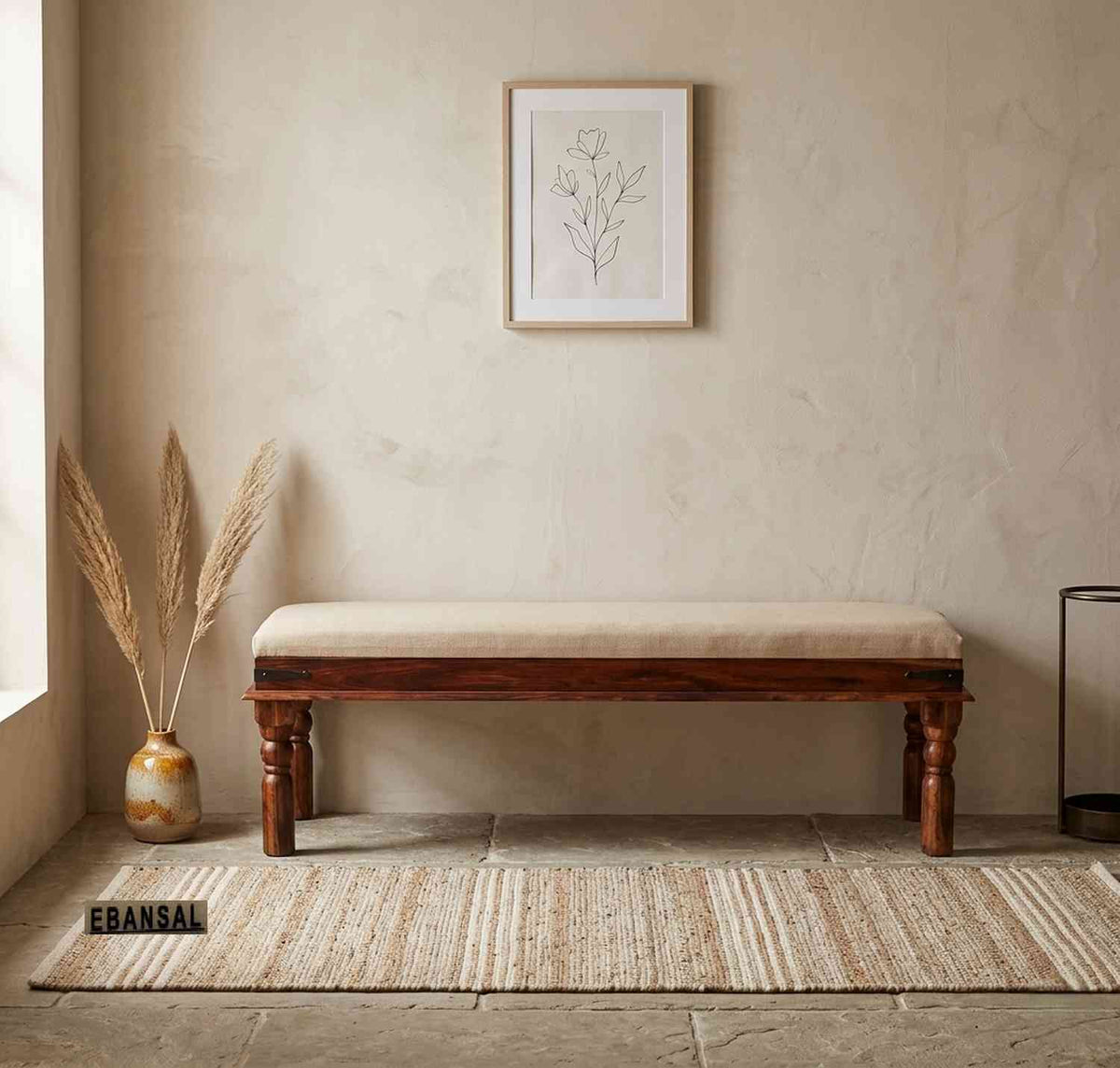 Ajmer Solid Sheesham Wood 3 Seater Bench (Natural Finish, With Cushion)