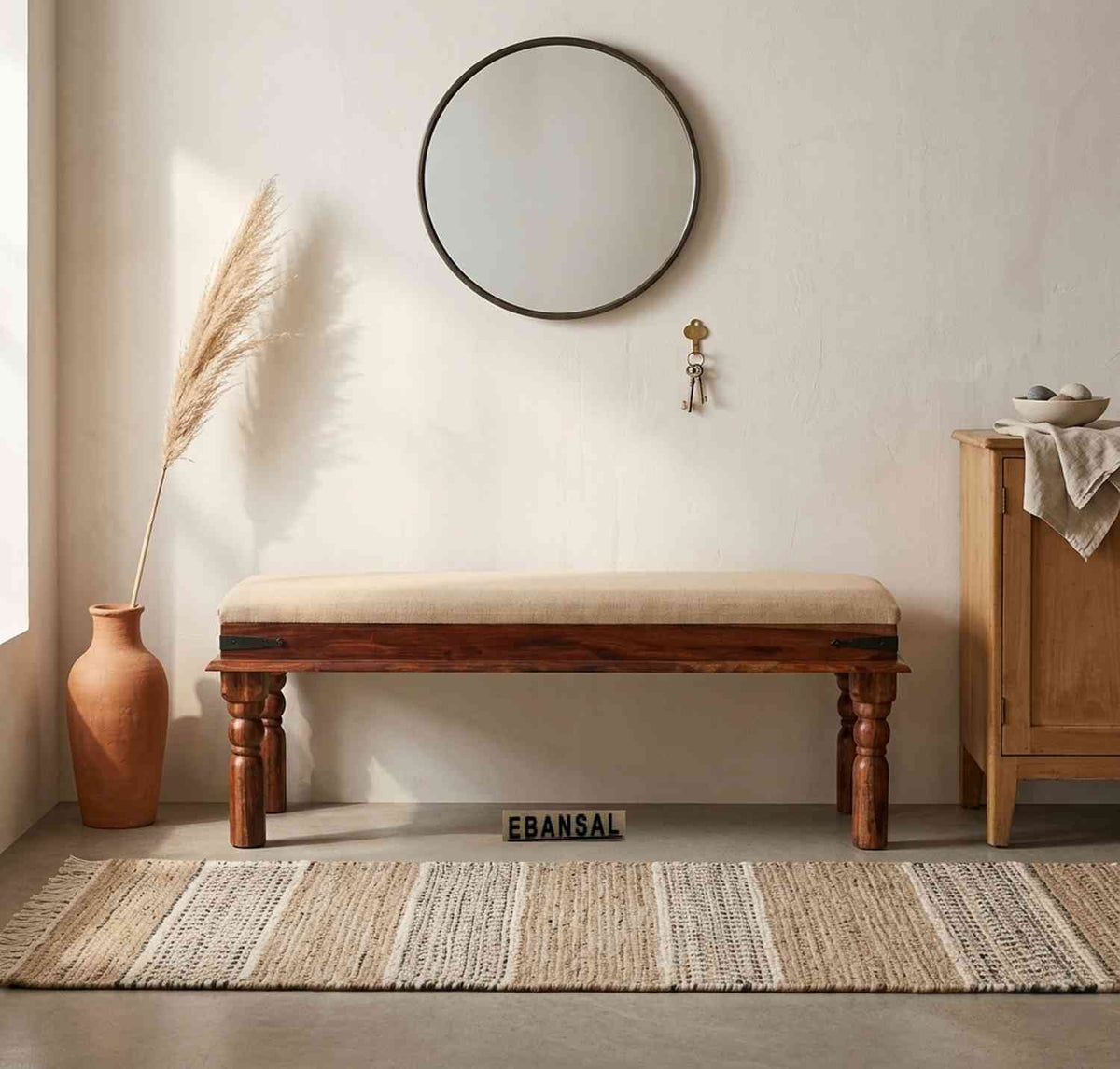 Ajmer Solid Sheesham Wood 2 Seater Bench (Natural Finish, With Cushion)