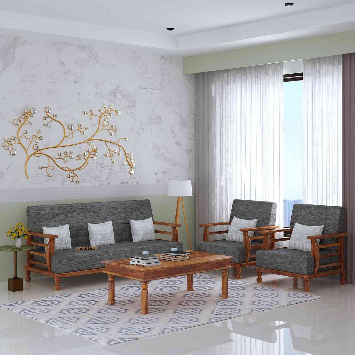 Feelinn Solid Sheesham Wood Five Seater Sofa Set (3+1+1, Natural Finish)
