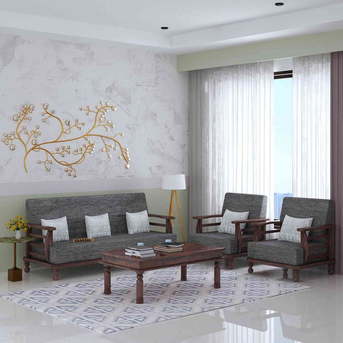 Feelinn Solid Sheesham Wood Five Seater Sofa Set (3+1+1, Walnut Finish)