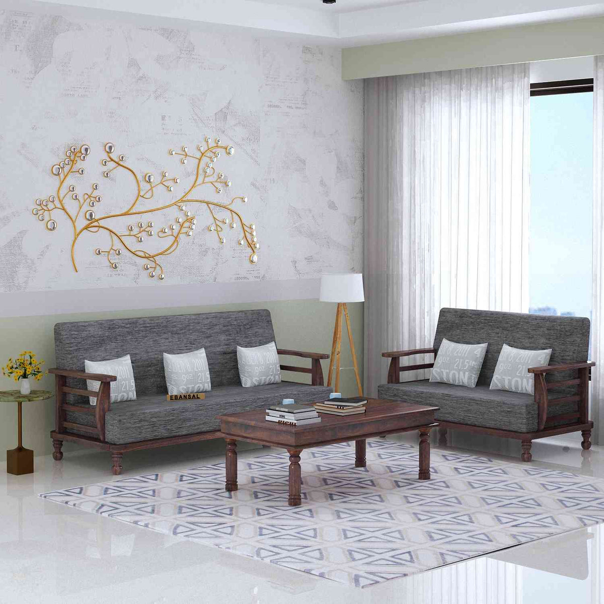 Feelinn Solid Sheesham Wood Five Seater Sofa Set With Coffee Table (3+2, Walnut Finish)