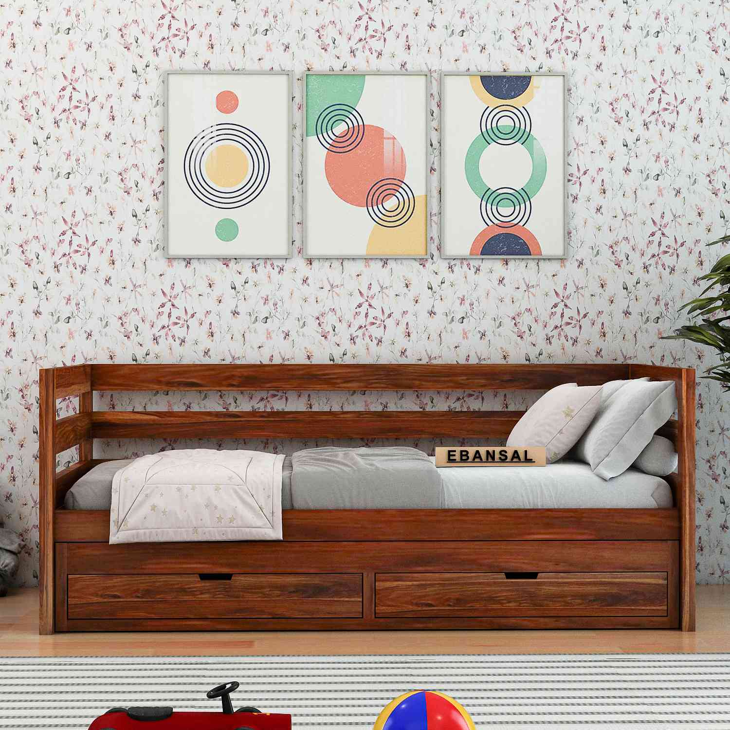 Feelinn Solid Sheesham Wood Trundle Bed For Kids (With Mattress, Natural Finish)