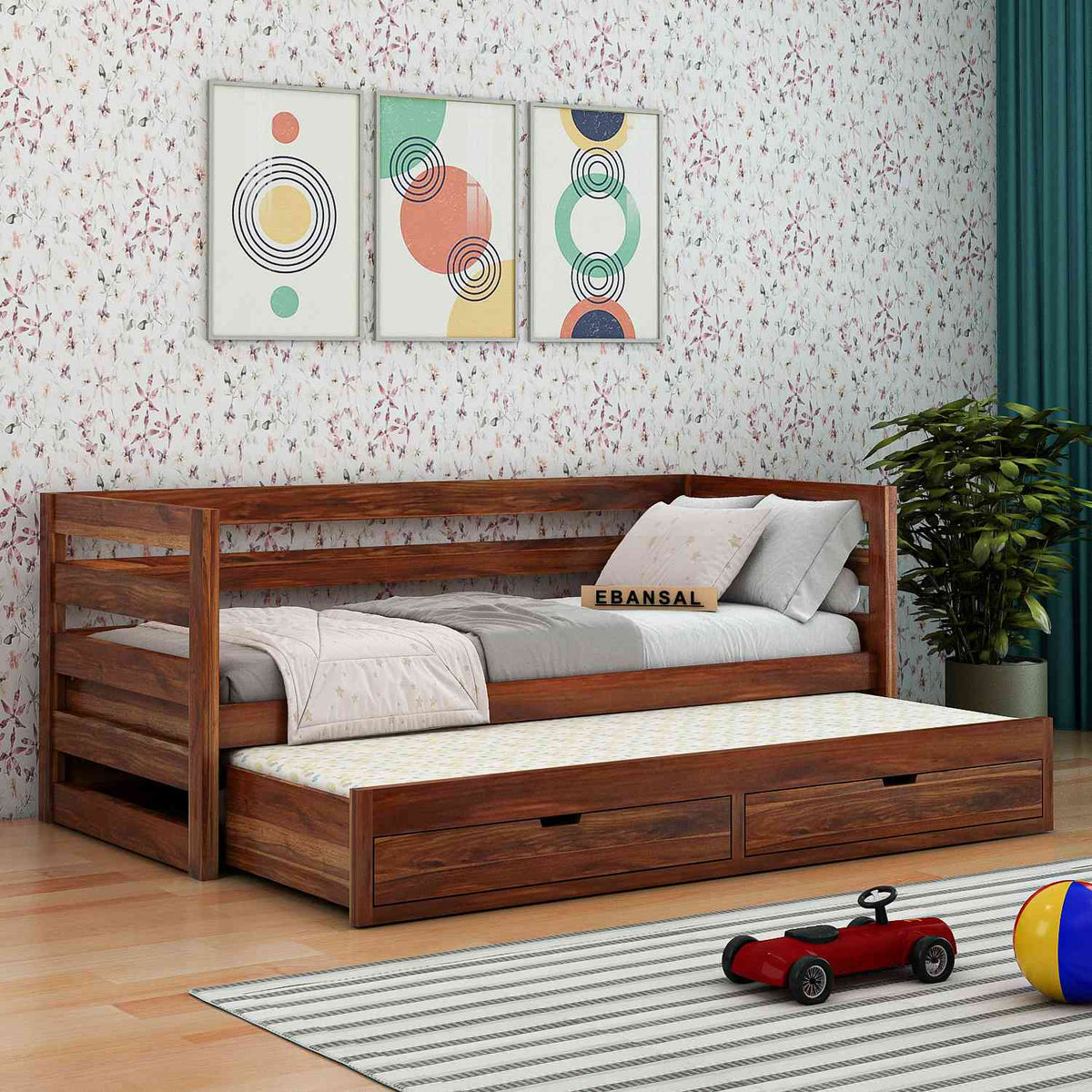 Feelinn Solid Sheesham Wood Trundle Bed For Kids (Without Mattress, Natural Finish)