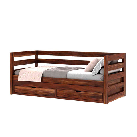 Feelinn Solid Sheesham Wood Trundle Bed For Kids (Without Mattress, Natural Finish)