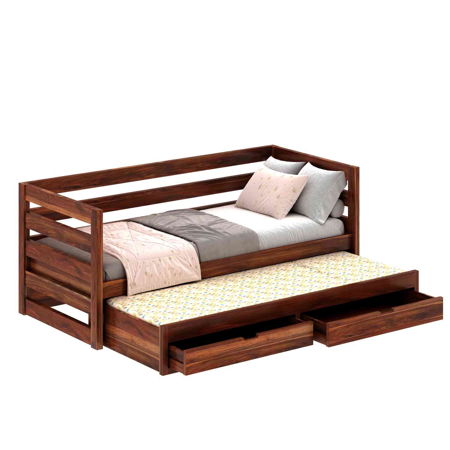 Feelinn Solid Sheesham Wood Trundle Bed For Kids (With Mattress, Natural Finish)