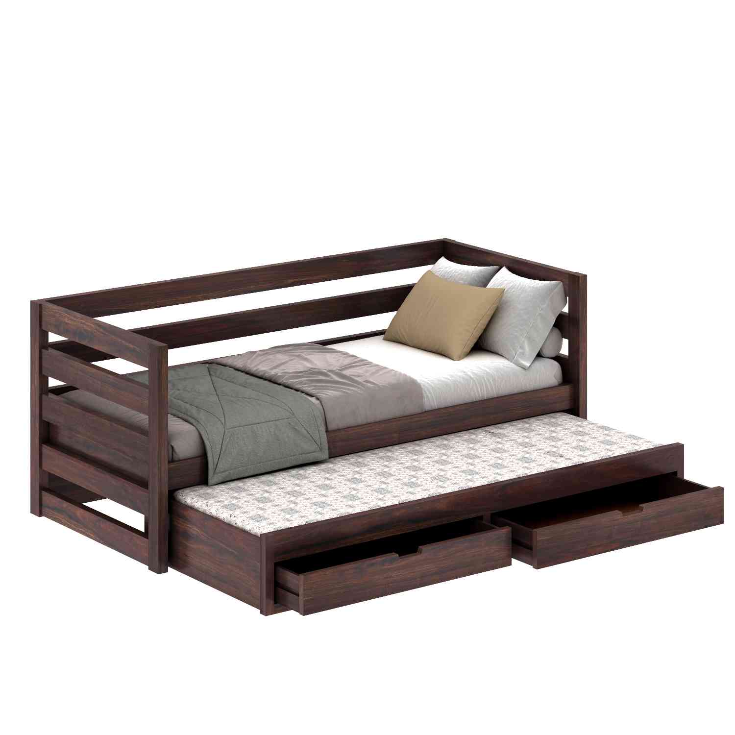 Feelinn Solid Sheesham Wood Trundle Bed For Kids (Without Mattress, Walnut Finish)