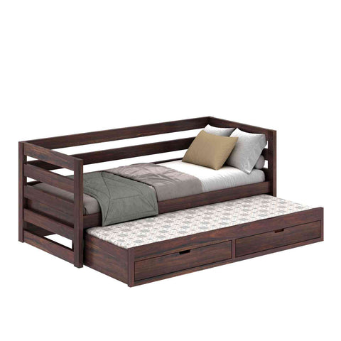 Feelinn Solid Sheesham Wood Trundle Bed For Kids (With Mattress, Walnut Finish)