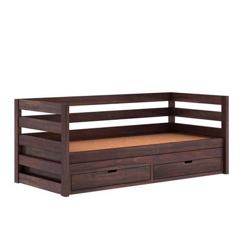 Feelinn Solid Sheesham Wood Trundle Bed For Kids (With Mattress, Walnut Finish)