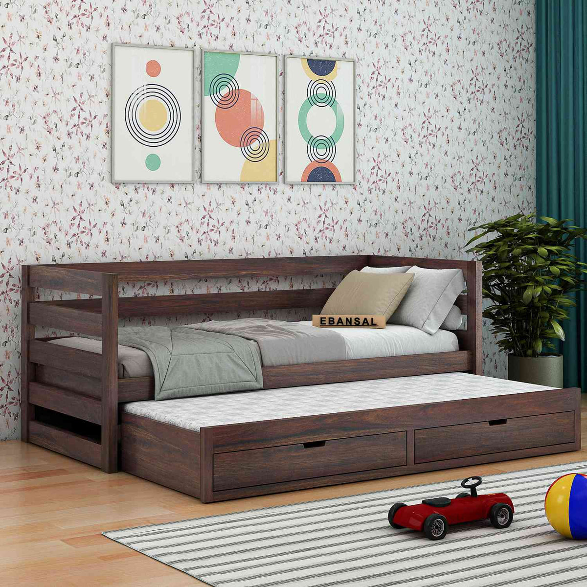 Feelinn Solid Sheesham Wood Trundle Bed For Kids (With Mattress, Walnut Finish)