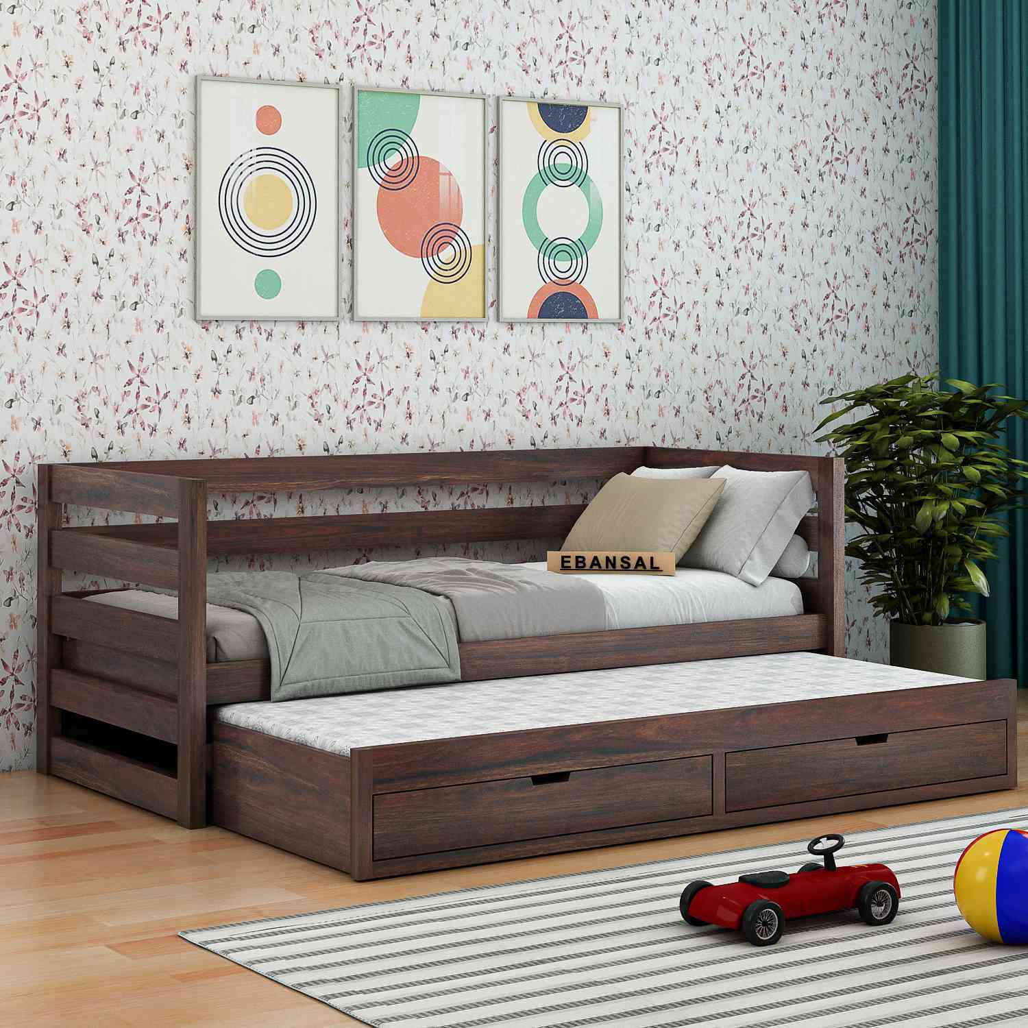 Feelinn Solid Sheesham Wood Trundle Bed For Kids (Without Mattress, Walnut Finish)