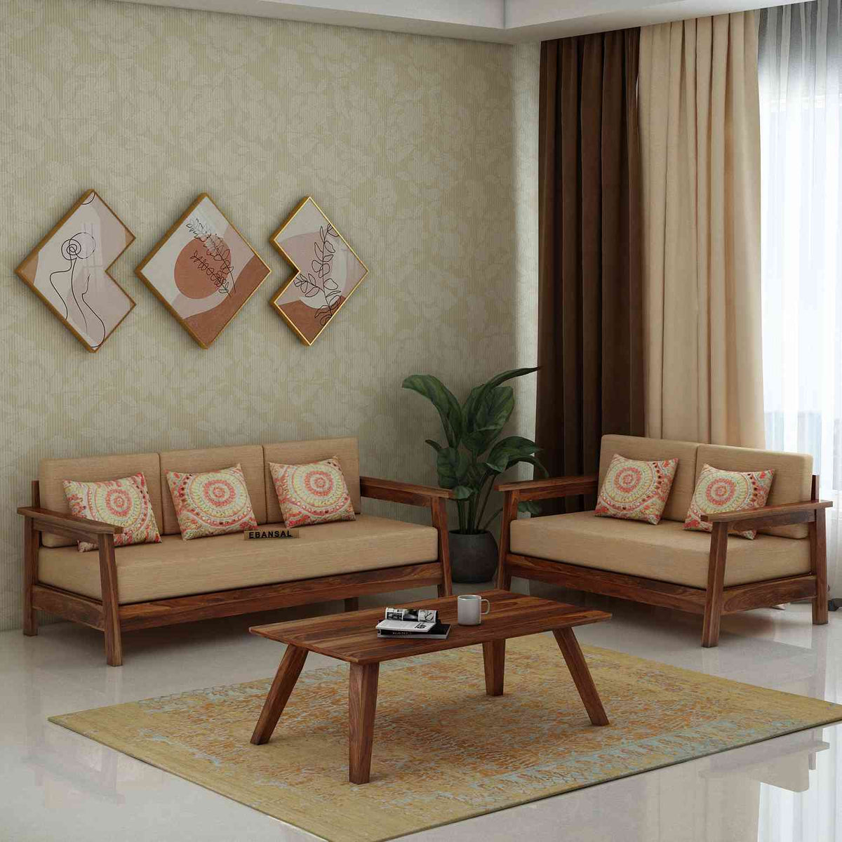 Minimal Solid Sheesham Wood 5 Seater Sofa Set With Coffee Table (3+2, Natural Finish)