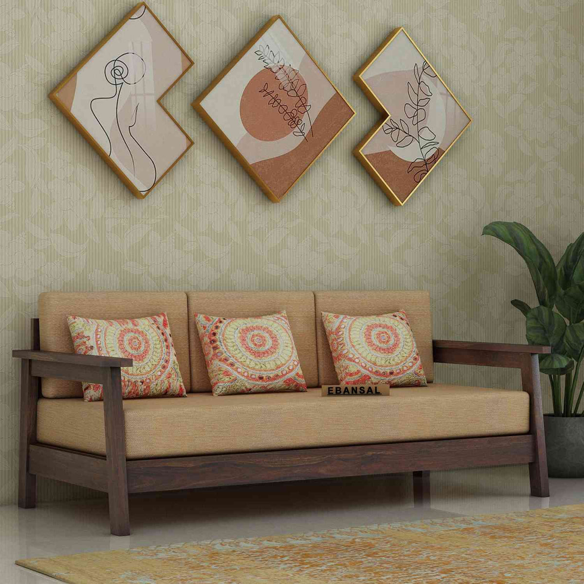 Minimal Solid Sheesham Wood 3 Seater Sofa (Walnut Finish)