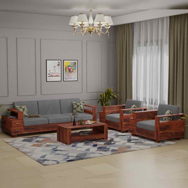 Woodora Solid Sheesham Wood 5 Seater Sofa Set With Coffee Table (3+1+1, Natural Finish)