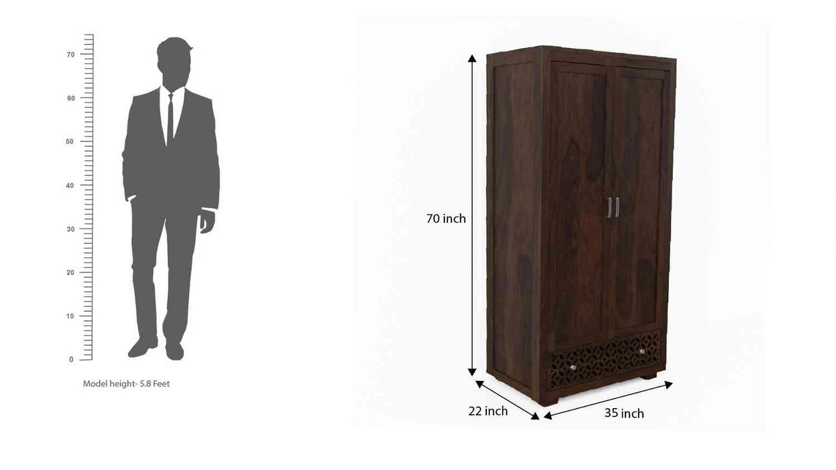 Monstro Solid Sheesham Wood Double Door Wardrobe With Drawers (Walnut Finish)