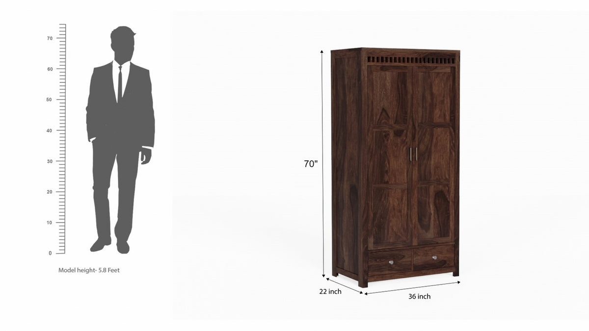Amer Solid Sheesham Wood Double Door Wardrobe With Two Drawers (Walnut Finish)
