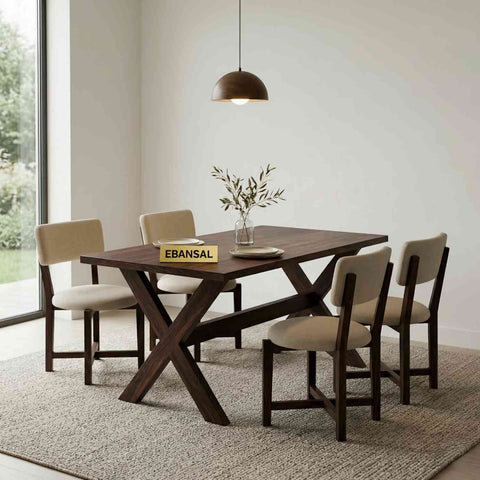 Prio Solid Sheesham Wood 4 Seater Dining Set (With Cushion, Walnut Finish)