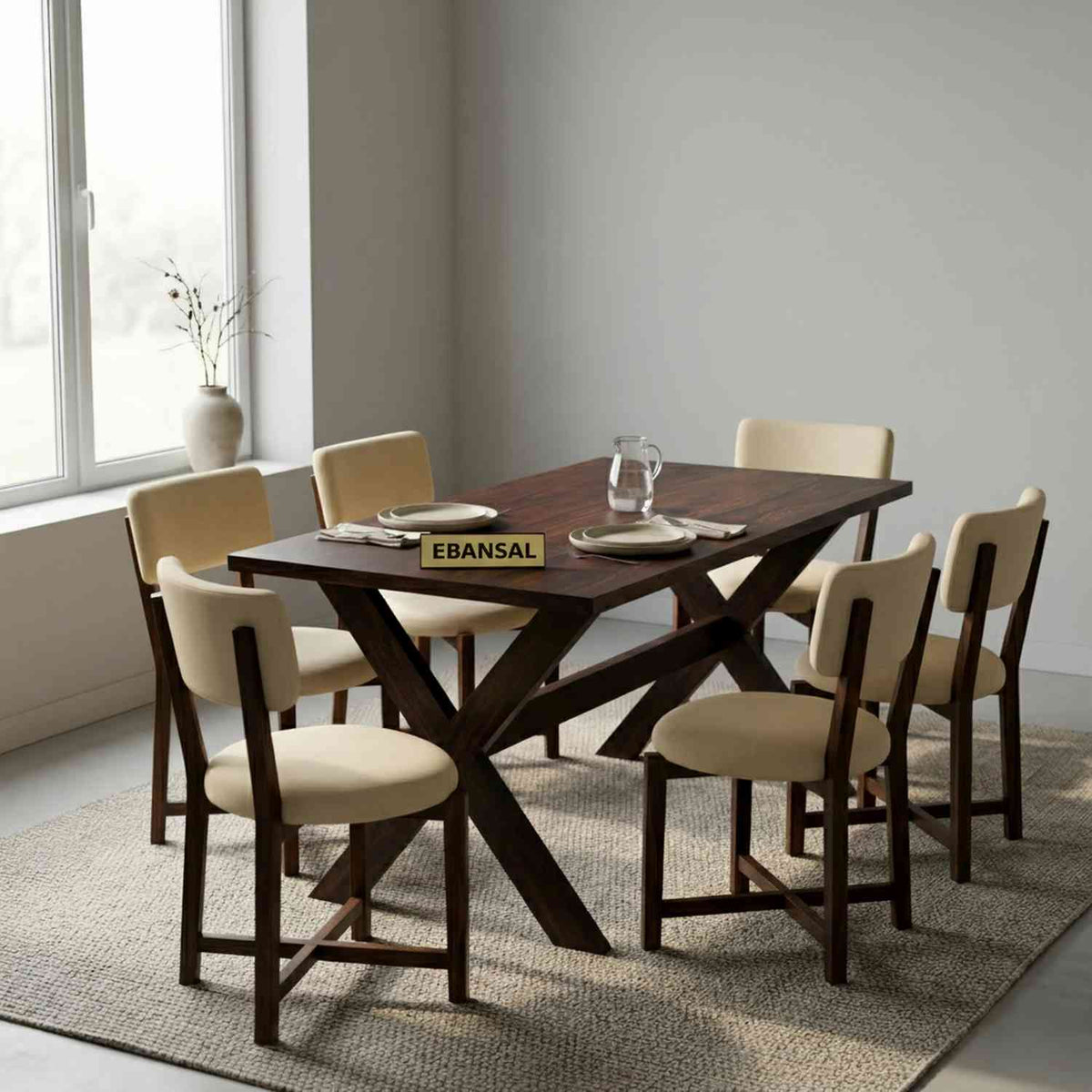 Prio Solid Sheesham Wood 6 Seater Dining Set (With Cushion, Walnut Finish)
