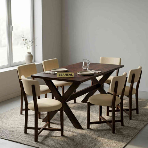 Prio Solid Sheesham Wood 6 Seater Dining Set (With Cushion, Walnut Finish)