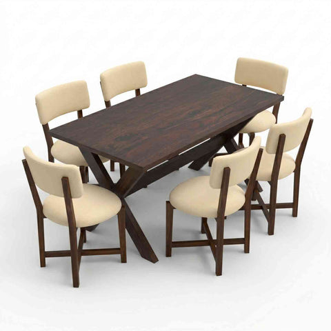 Prio Solid Sheesham Wood 6 Seater Dining Set (With Cushion, Walnut Finish)