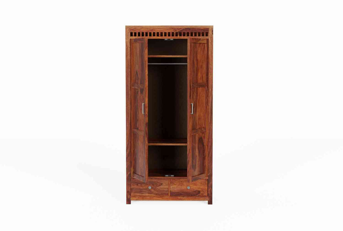 Amer Solid Sheesham Wood Double Door Wardrobe With Two Drawers (Natural Finish)