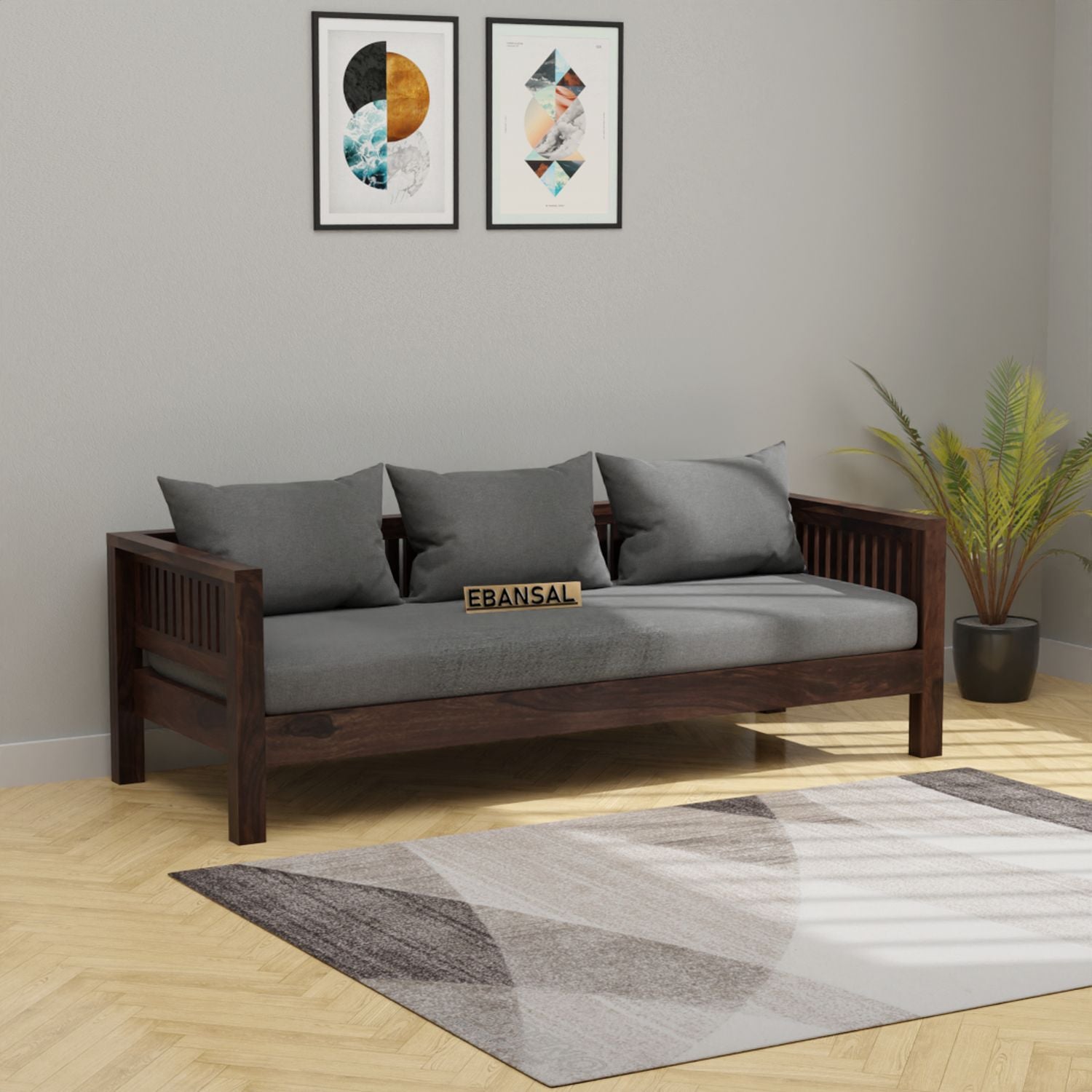 Essen Solid Sheesham Wood 3 Seater Sofa (Walnut Finish)