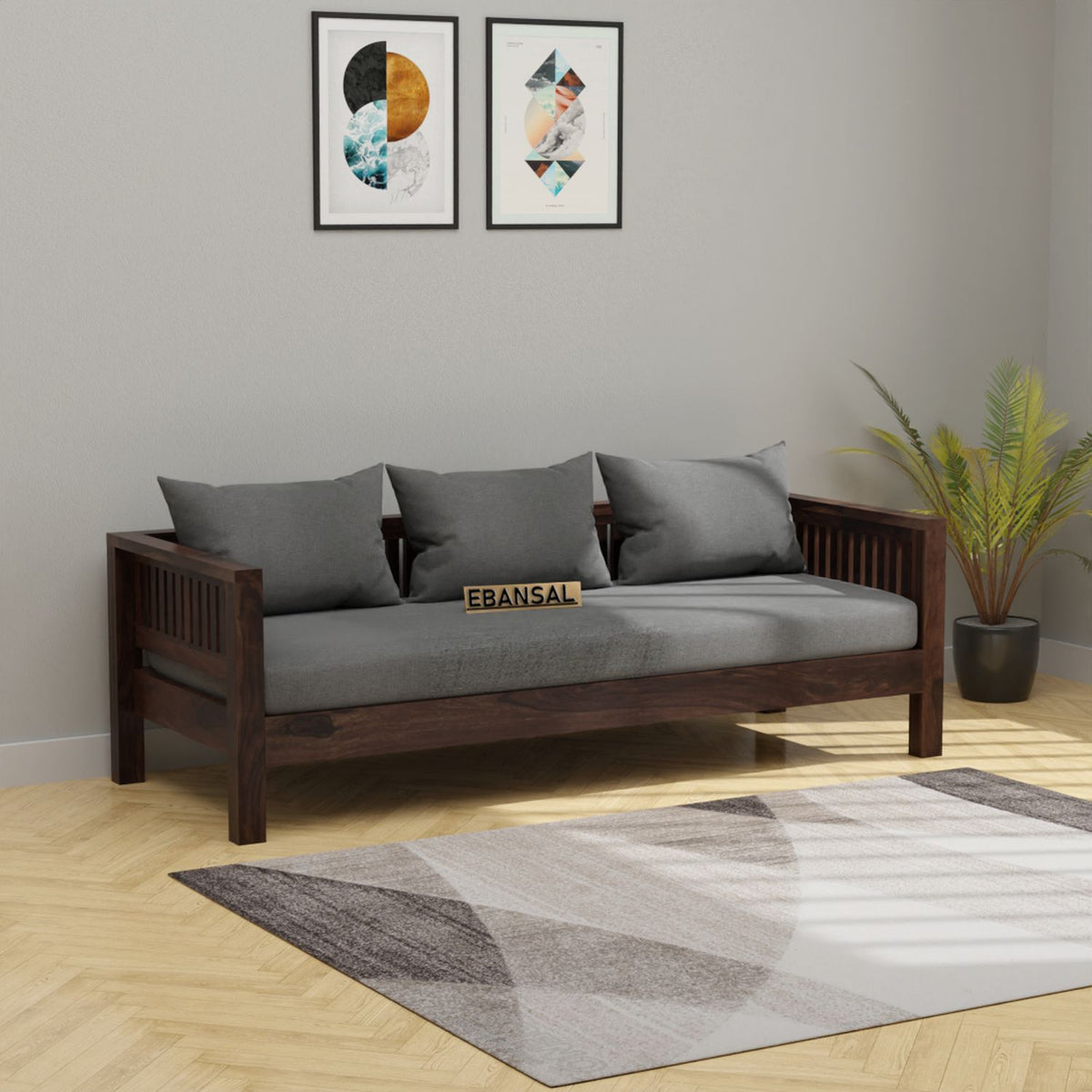 Essen Solid Sheesham Wood 3 Seater Sofa (Walnut Finish)