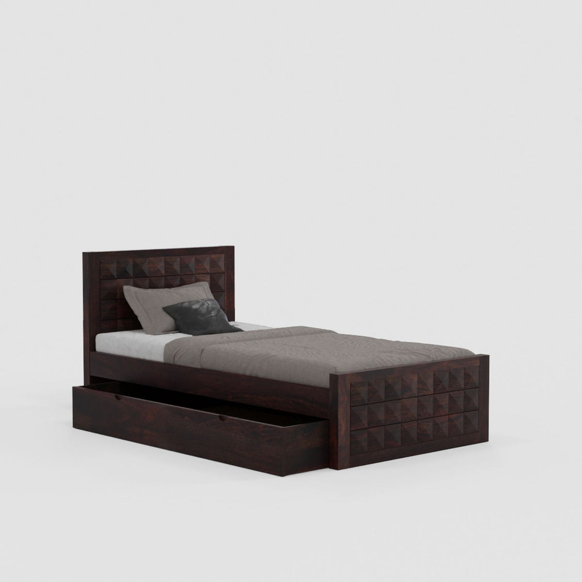 Sofia Solid Sheesham Wood Single Bed With One Drawer (Walnut Finish)