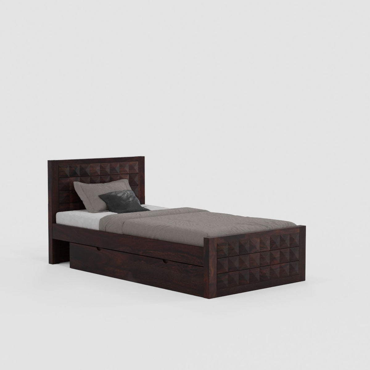 Sofia Solid Sheesham Wood Single Bed With One Drawer (Walnut Finish)