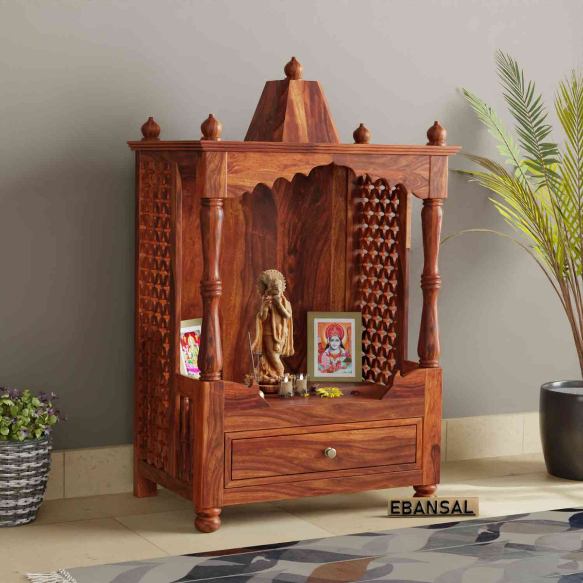 Aradhna Solid Sheesham Wood Temple for Home (Natural Finish)