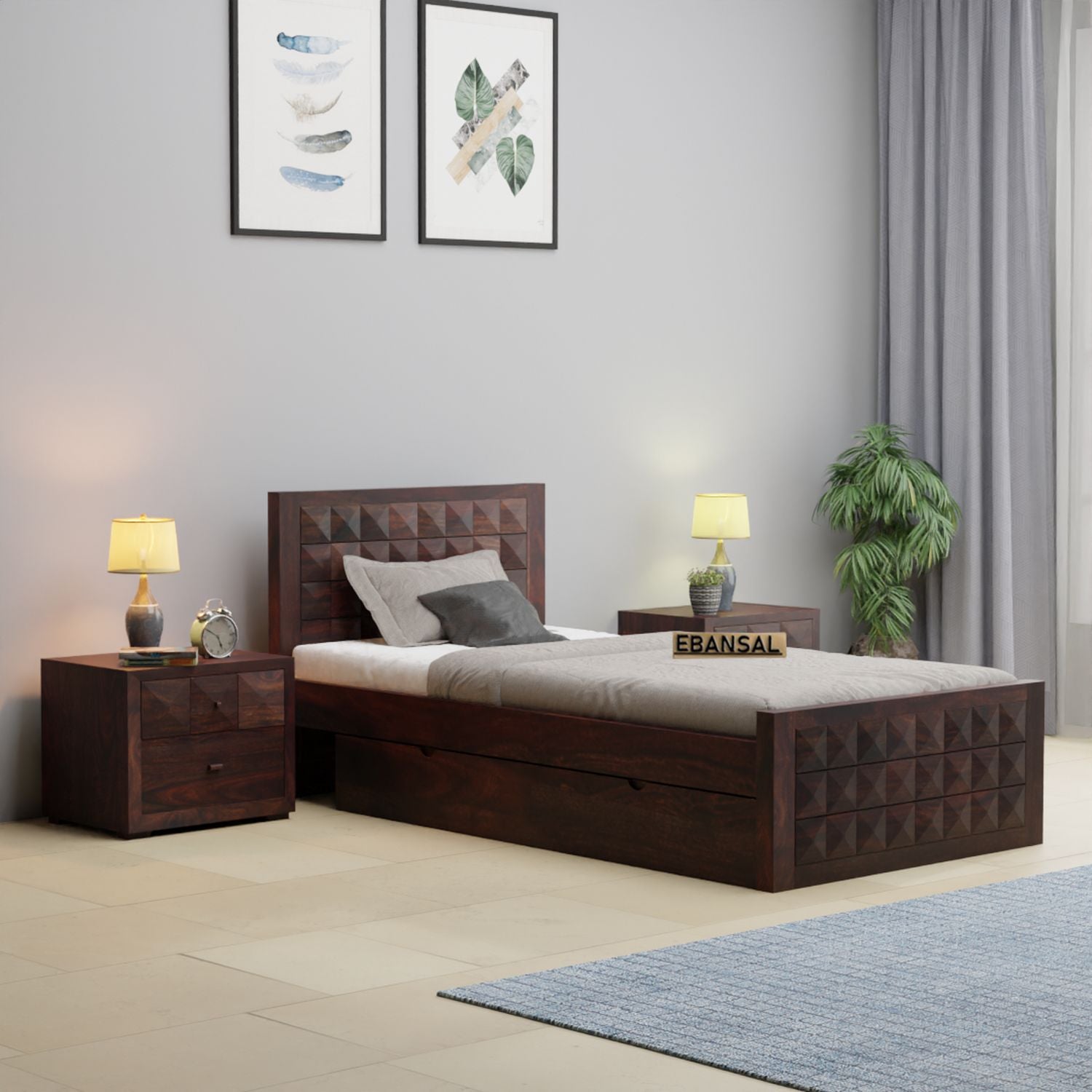 Sofia Solid Sheesham Wood Single Bed With Drawer (Walnut Finish)