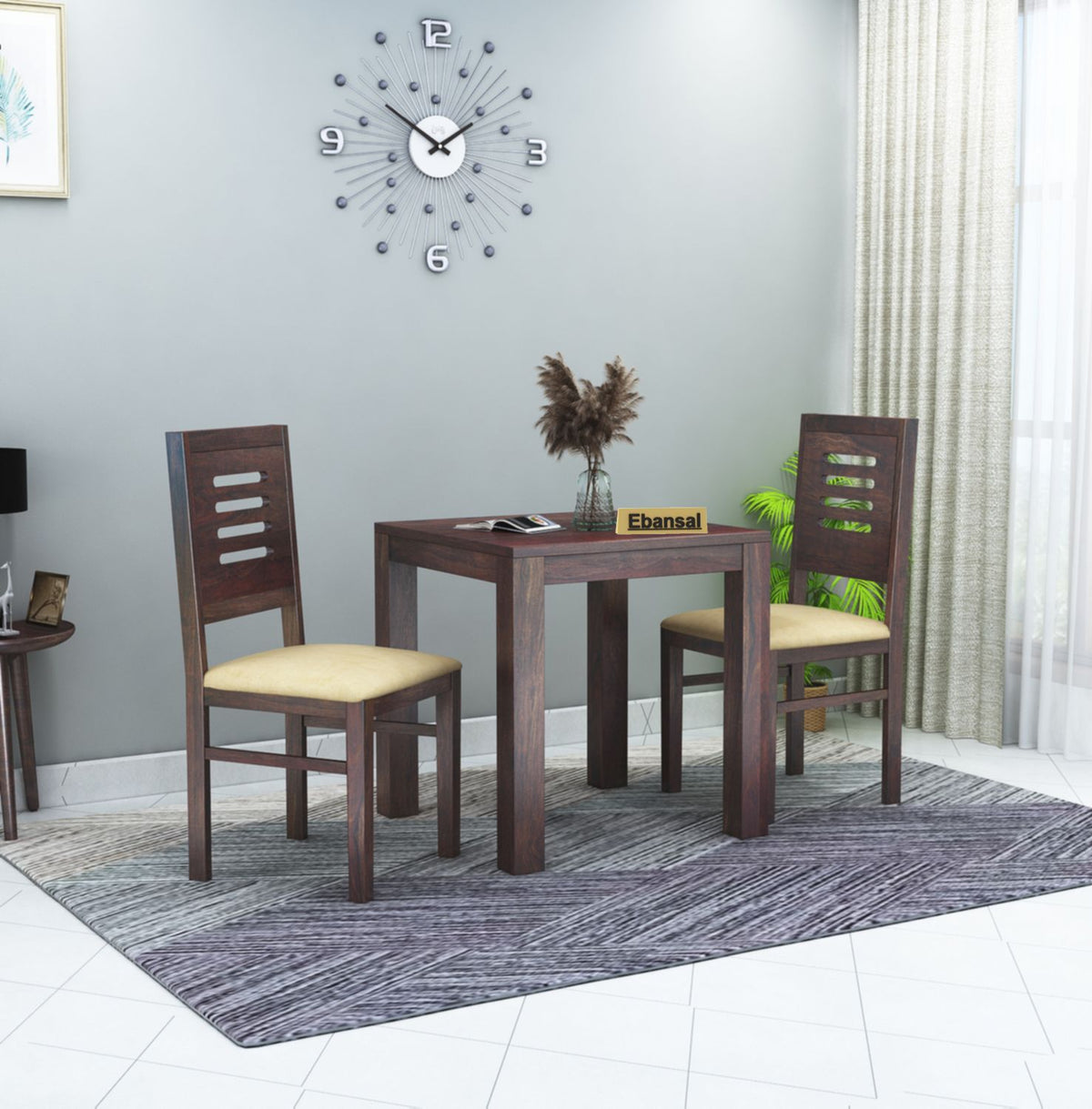 Due Solid Sheesham Wood Two Seater Dining Set (Cushioned Chairs, Walnut Finish)