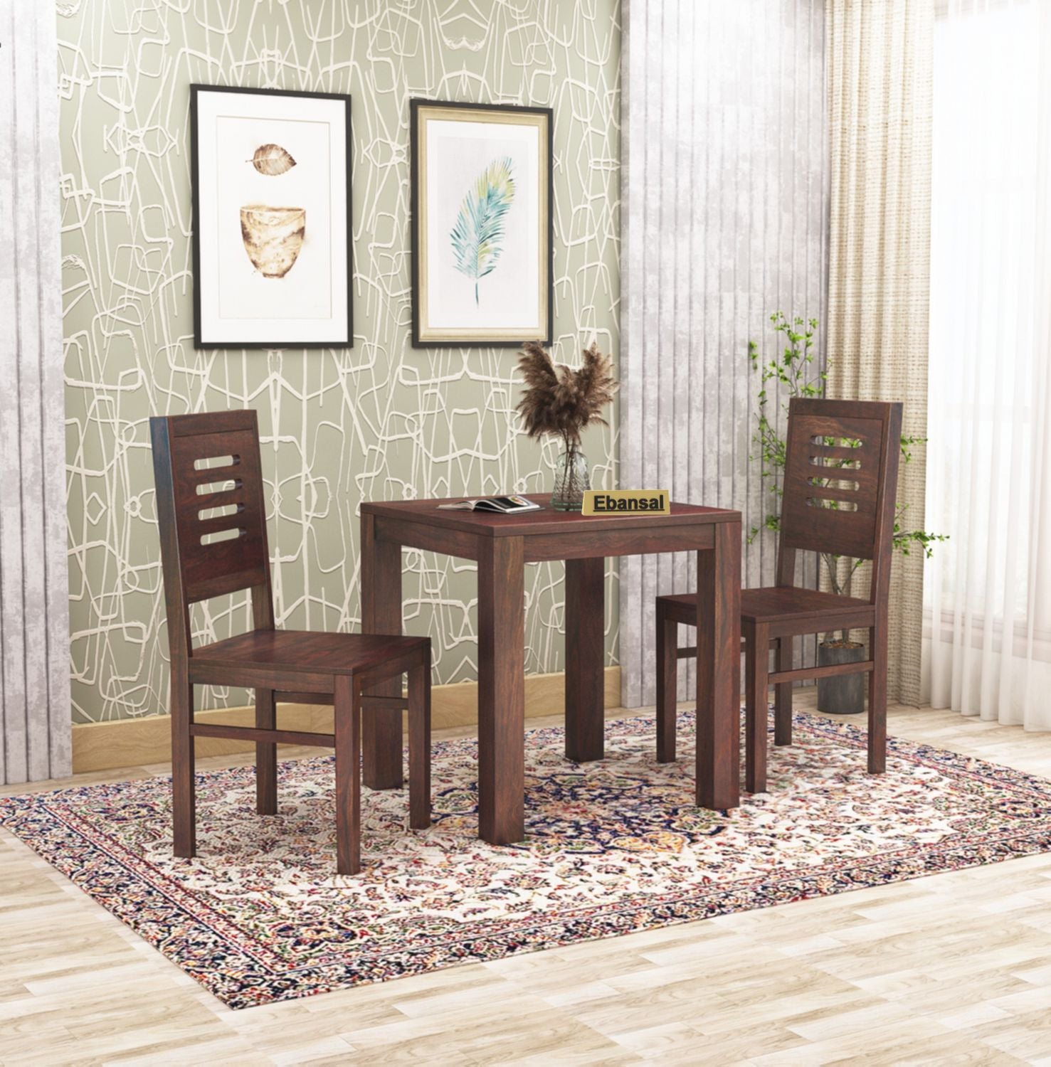 Due Solid Sheesham Wood Two Seater Dining Set (Plan Chairs, Walnut Finish)