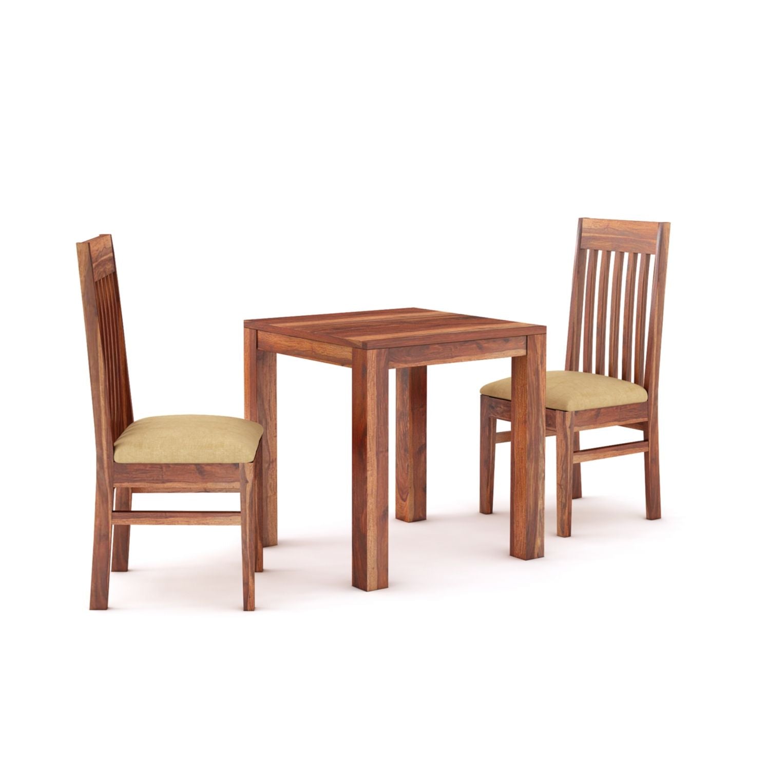 Minimal Solid Sheesham Wood Two Seater Dining Set (With Cushion, Natural Finish)